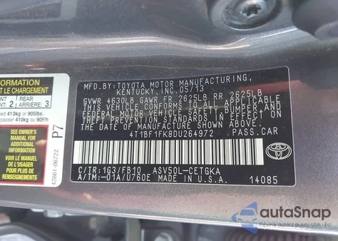 2013 Toyota Camry Xle from USA, damaged, VIN 4T1BF1FK8DU264972
